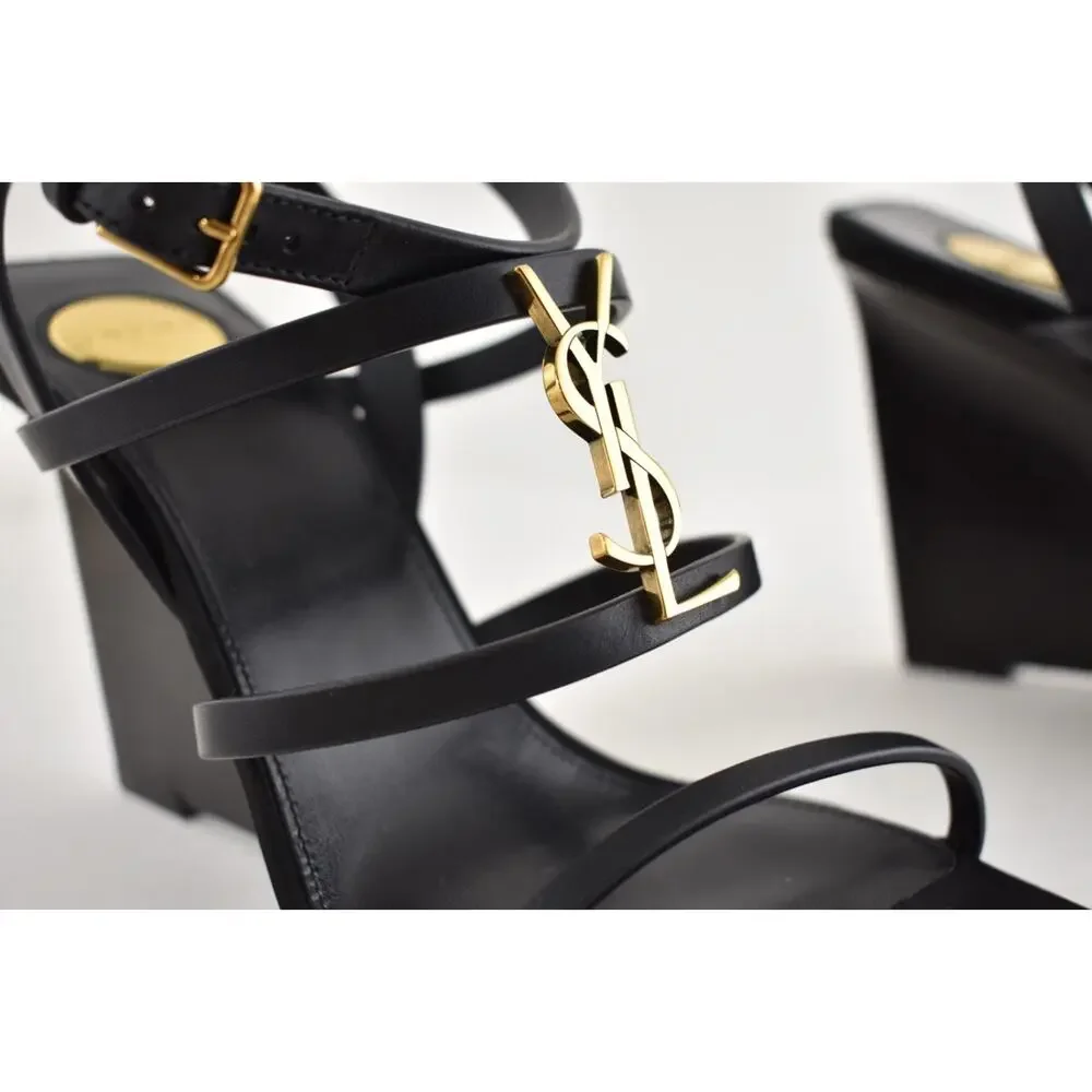Saint Laurent YSL Logo Cassandra 90 Black Ankle Strap Wedge Sandal Heel 38.5